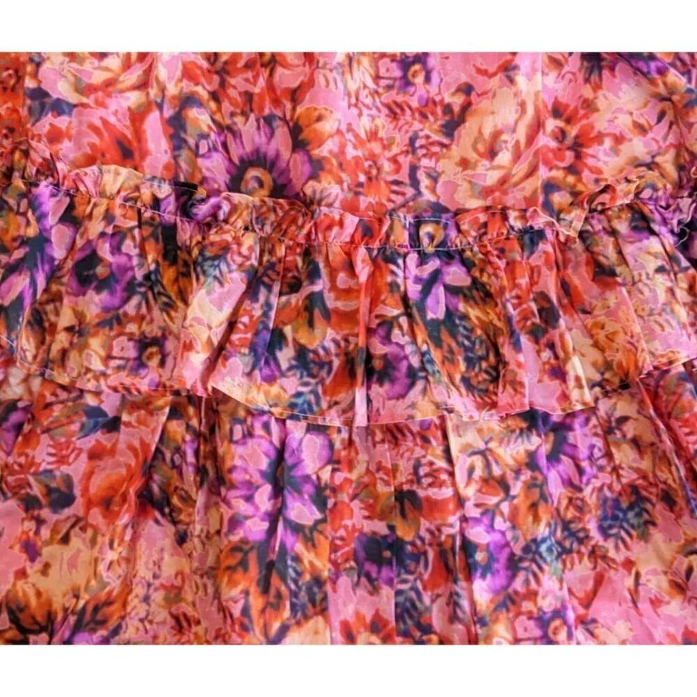 UNGARO Tara Floral Silk Blend Mini Dress PinkPunch Multi w/Beaded Butterfly Sz L - Picture 2 of 10